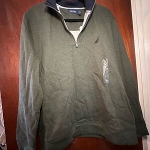 Nautica Men's Olive Green Quarter-Zip Pullover with Navy Trim